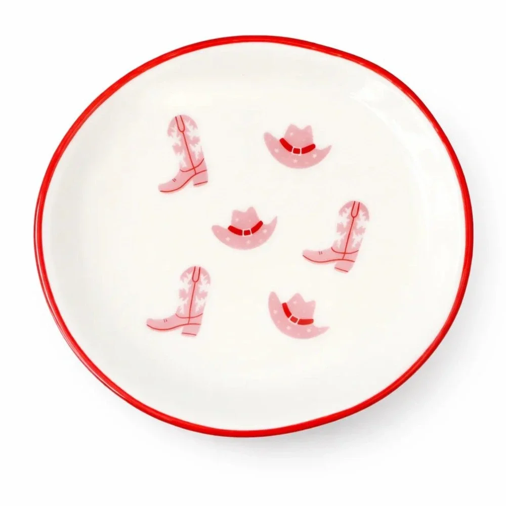 Pink Cowgirl Boot Western Hat Ceramic Trinket Dish Jewelry Tray Red Rim Round